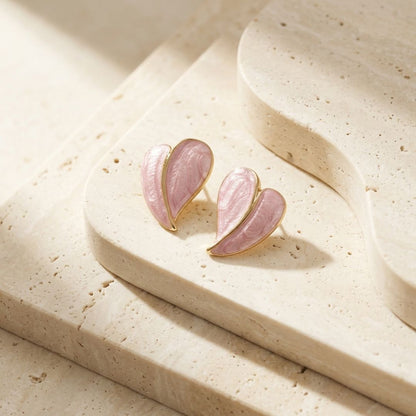 Blush Pink Enamel Leaf Stud Earrings | Minimal Gold-Tone Earrings