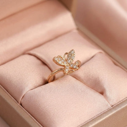 Adjustable Butterfly Ring for Women | Gold Plated Ring with Sparkling CZ Stones | Anti Tarnish Fashion Ring