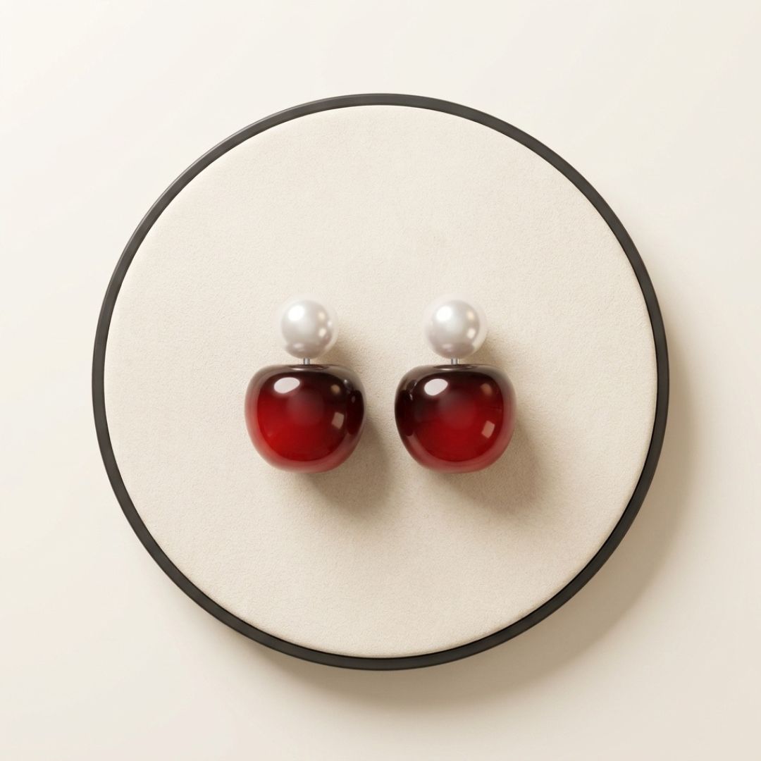 Cherry Pearl Drop Earrings | Minimal Red Bead Statement Earrings