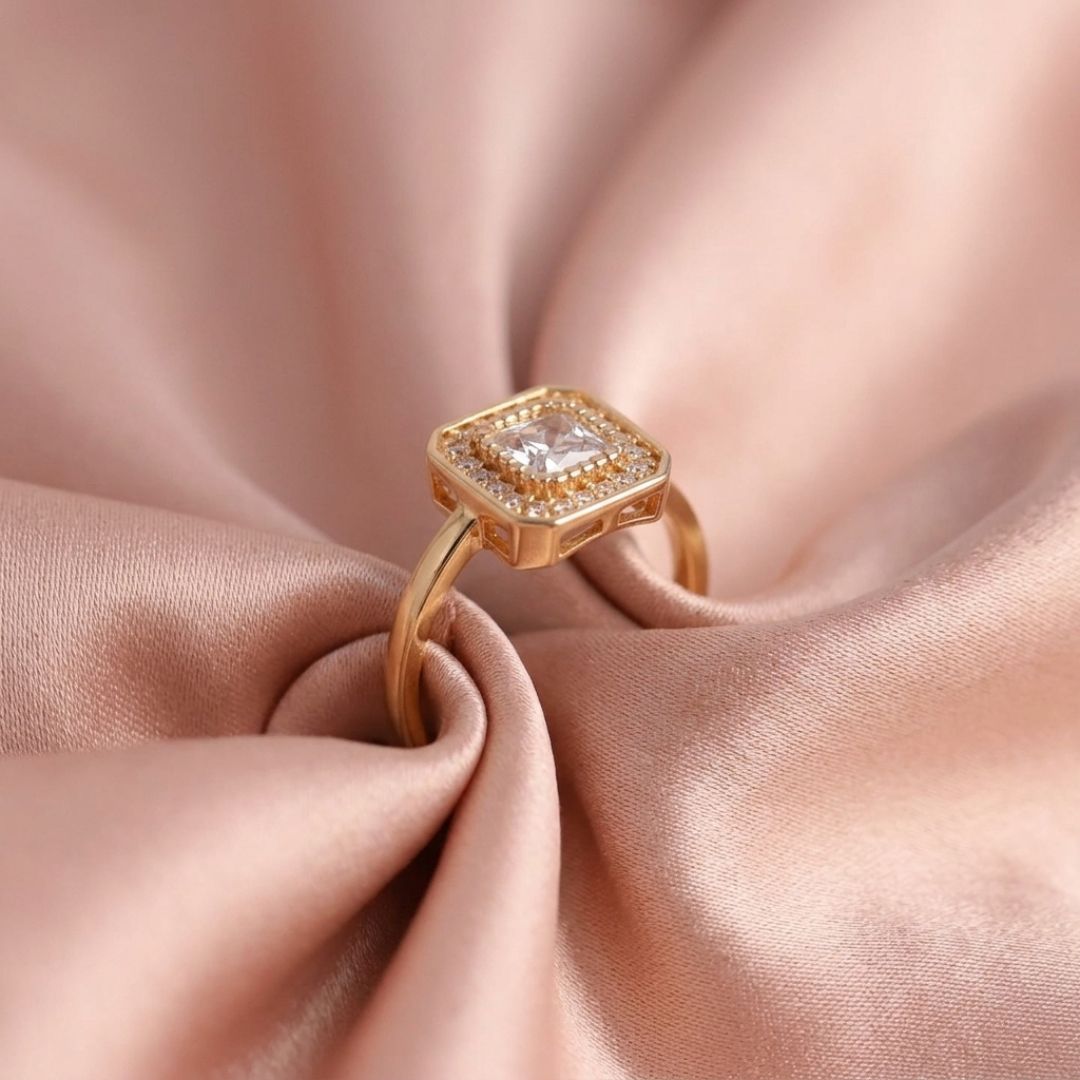 Adjustable Square Halo Solitaire Ring for Women | Gold Plated Cushion Cut CZ Ring