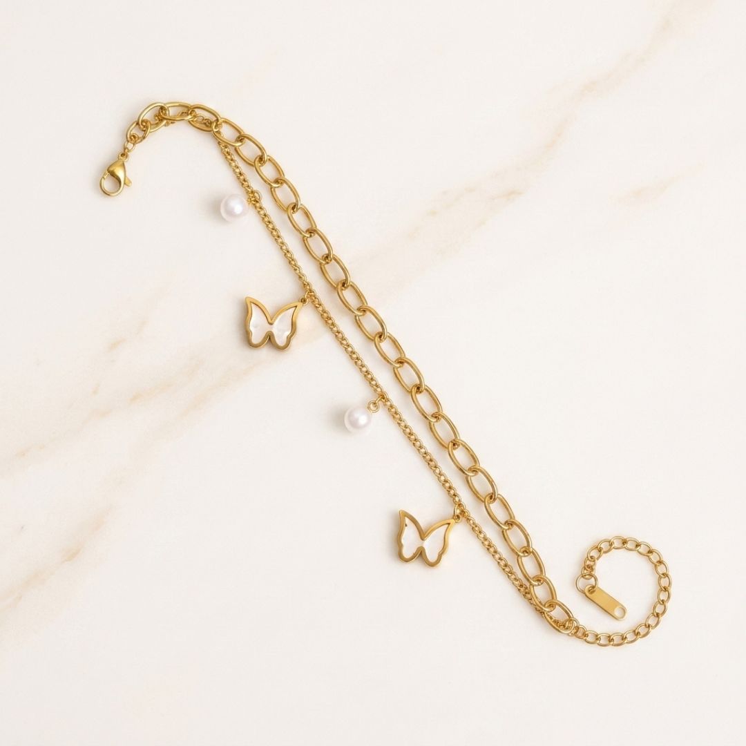 Pearl Butterfly Chain Bracelet for Women | Gold-Tone Layered Charm Bracelet