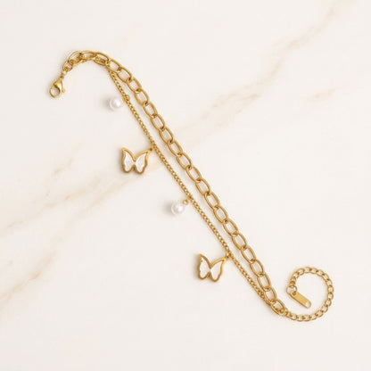 Pearl Butterfly Chain Bracelet for Women | Gold-Tone Layered Charm Bracelet
