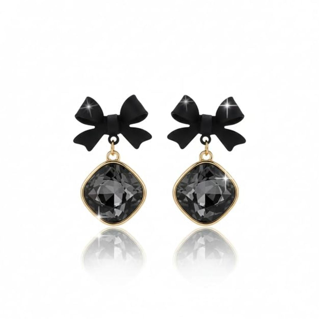 Gold Bow Crystal Drop Earrings