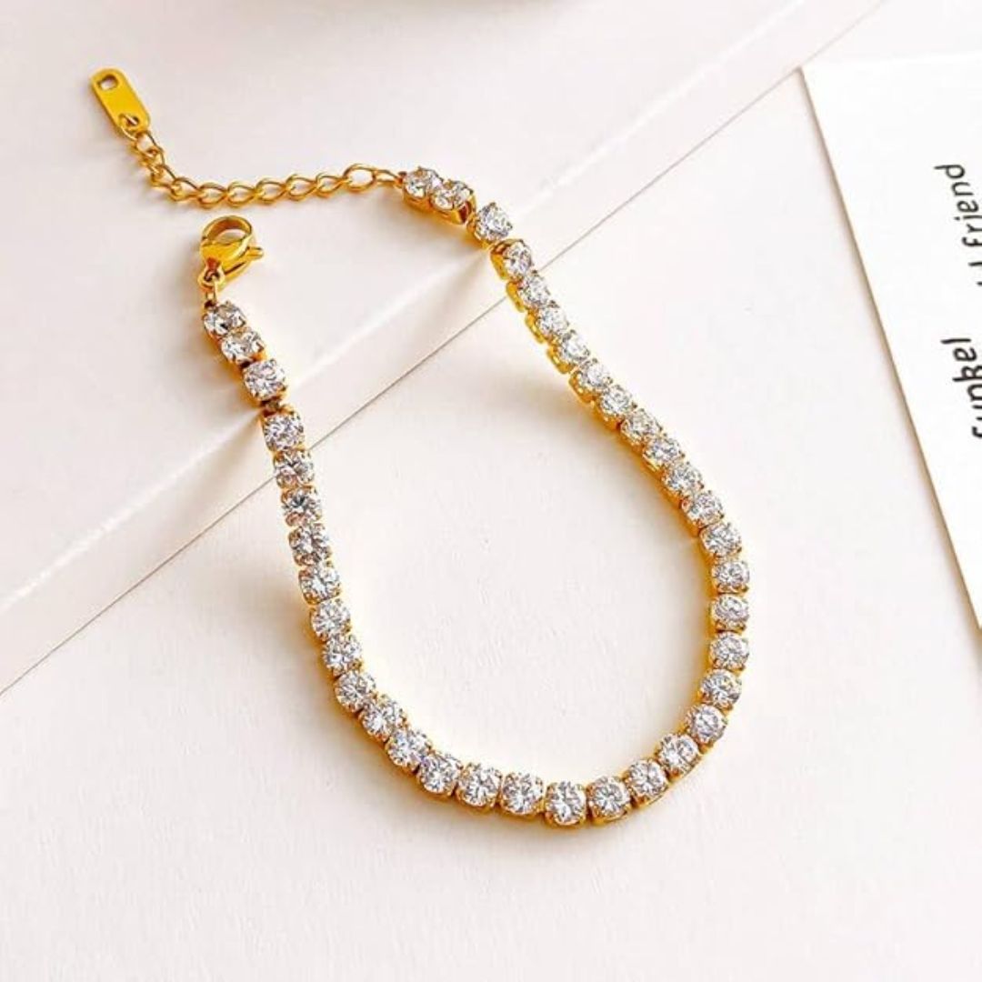 Anti Tarnish Gold Plated Tennis Bracelet for Women | Stainless Steel Fine Diamond Bracelet