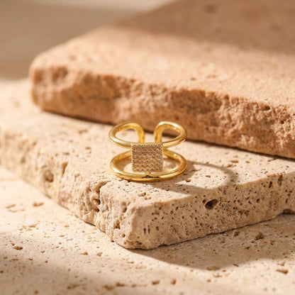 Adjustable Square Motif Double Band Ring for Women | Gold Plated CZ Ring | Geometric Open Ring