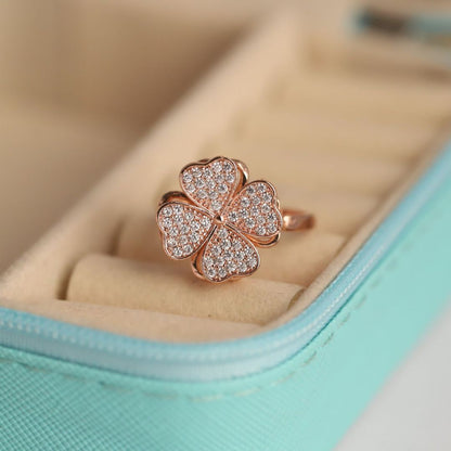 Adjustable Four Leaf Clover Ring for Women | Rose Gold Plated Ring with Sparkling CZ Stones