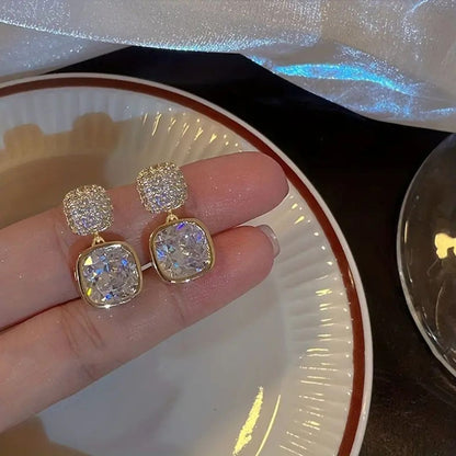 Gold Cushion-Cut Crystal Drop Earrings for Women | Sparkling Statement Earrings
