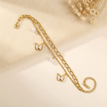 Pearl Butterfly Chain Bracelet for Women | Gold-Tone Layered Charm Bracelet
