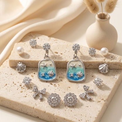 7 Pair Ocean-Inspired Earrings Set | Pearl, Crystal & Beach-Themed Stud Earrings