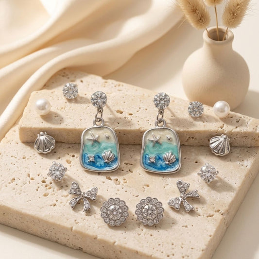 7 Pair Ocean-Inspired Earrings Set | Pearl, Crystal & Beach-Themed Stud Earrings