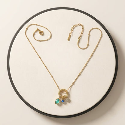 Colorful Charm Pendant Necklace for Women | Gold Tone Circle Necklace with Crystal Charms