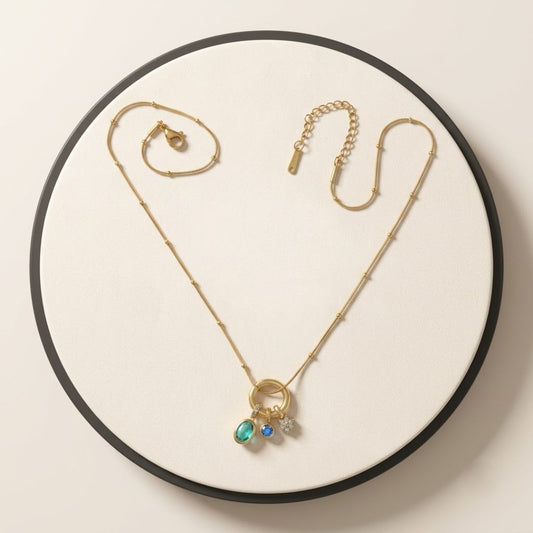 Colorful Charm Pendant Necklace for Women | Gold Tone Circle Necklace with Crystal Charms