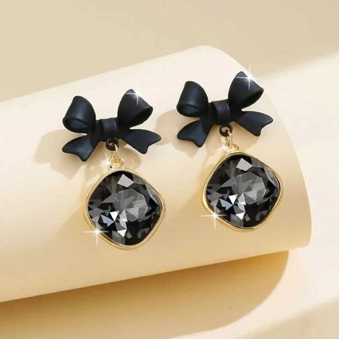 Gold Bow Crystal Drop Earrings