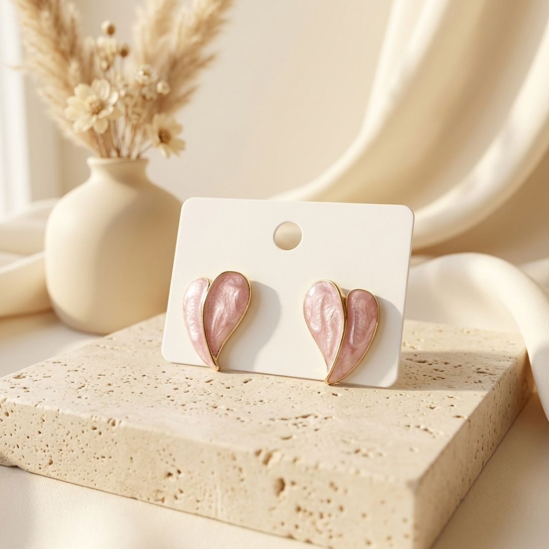 Blush Pink Enamel Leaf Stud Earrings | Minimal Gold-Tone Earrings