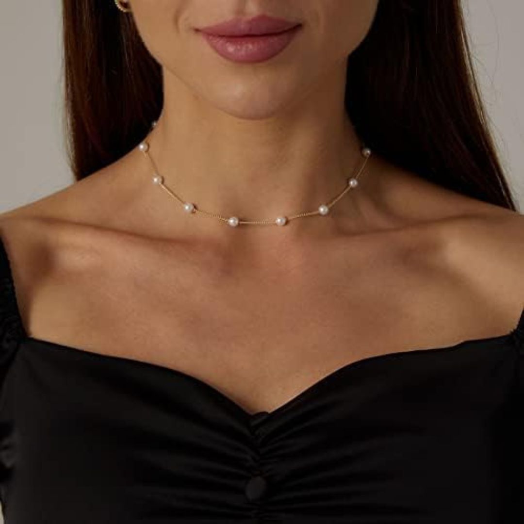 Pearl Station Necklace for Women | Gold Plated Chain with White Pearl Beads