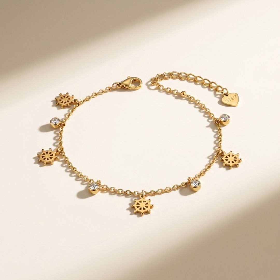 Gold Ship Wheel Charm Bracelet for Women | Crystal  Chain Bracelet