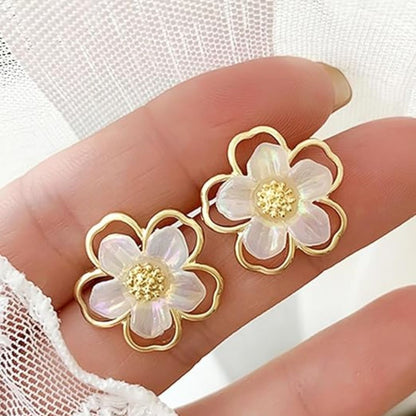 White Floral Pearl Enamel Stud Earrings for Women | Gold-Tone Flower Earrings