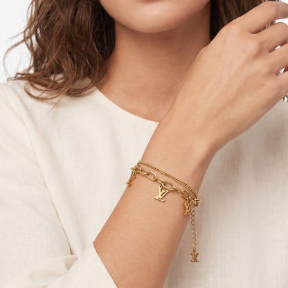 Gold Tone Double Layer Initial Charm Bracelet for Women | Chunky Chain Link Bracelet