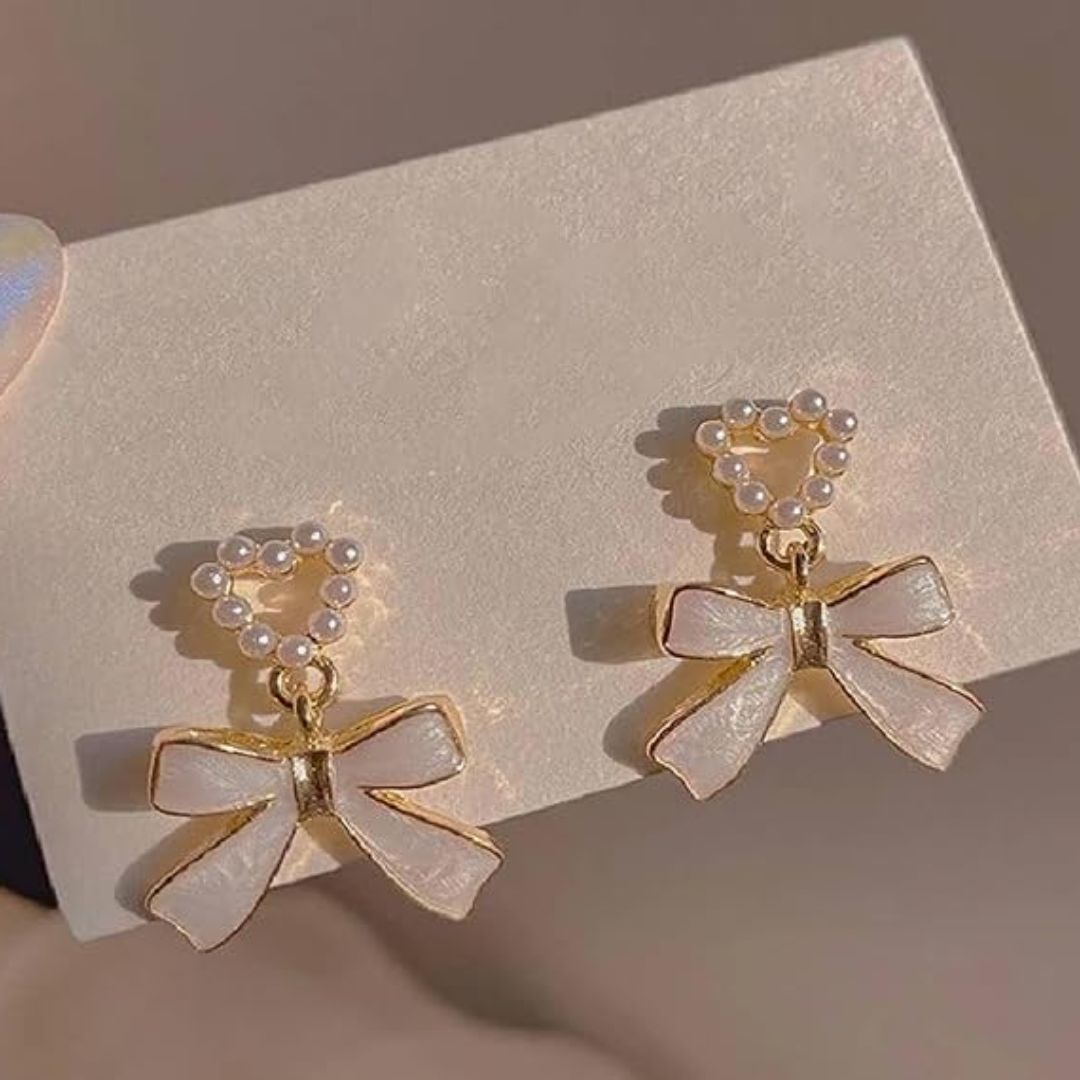 Heart Bow Drop Earrings | Elegant Gold-Tone Dangle Earrings