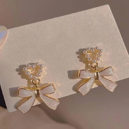 Heart Bow Drop Earrings | Elegant Gold-Tone Dangle Earrings
