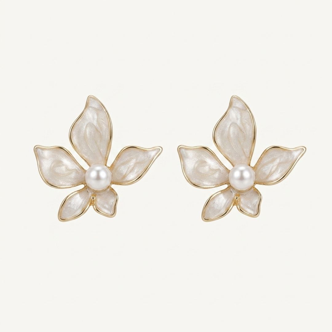 Pearl Blossom Enamel Floral Stud Earrings for Women | Elegant Gold-Tone Flower Earrings