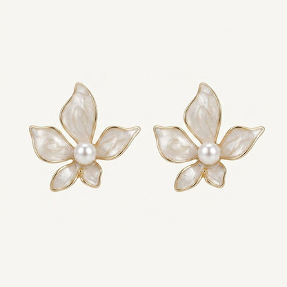 Pearl Blossom Enamel Floral Stud Earrings for Women | Elegant Gold-Tone Flower Earrings