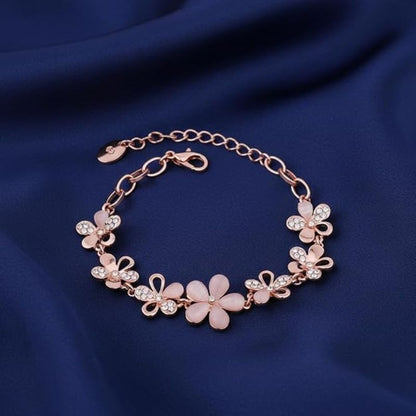 Dainty Rose Gold Pink Cat's Eye Floral Station Bracelet