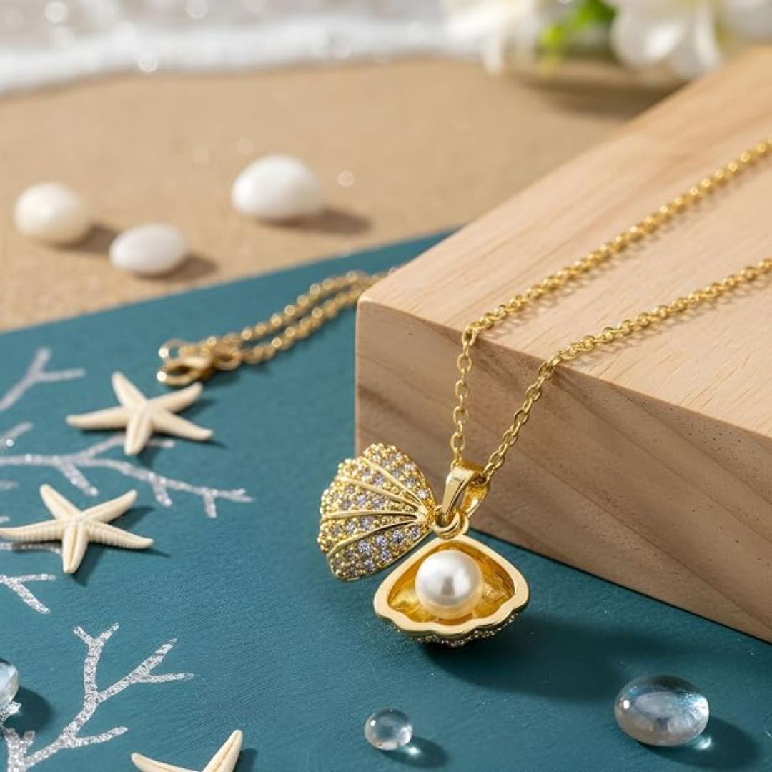 Shell Pearl Locket Pendant Necklace for Women | Gold Plated Openable Seashell Pendant