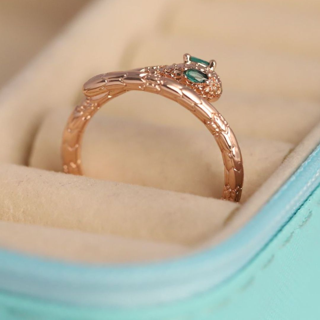 Adjustable Snake Ring for Women | Rose Gold Plated Serpent Ring with Green Stone Eyes