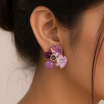 Purple Floral Crystal Stud Earrings | Geometric Rhinestone Flower Earrings