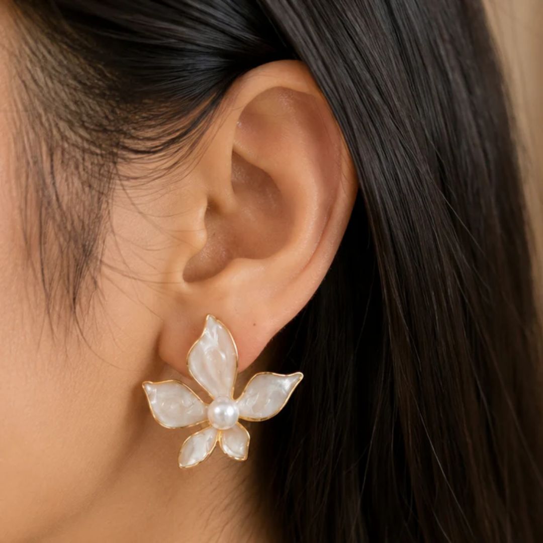 Pearl Blossom Enamel Floral Stud Earrings for Women | Elegant Gold-Tone Flower Earrings