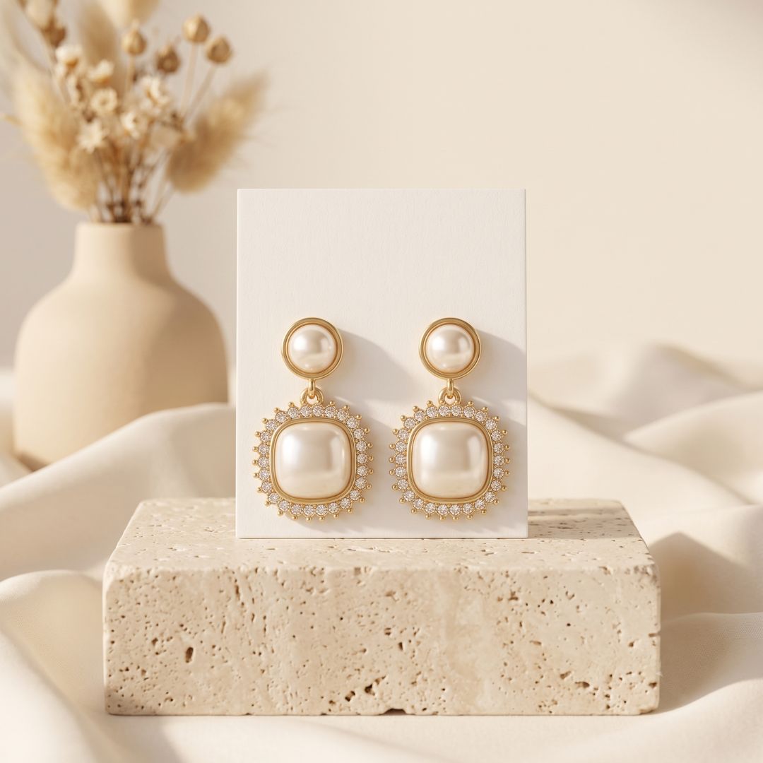Vintage Pearl Halo Drop Earrings for Women | Gold Crystal Statement Earrings