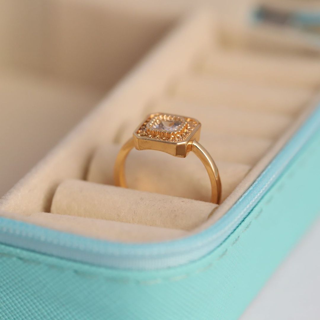 Adjustable Square Halo Solitaire Ring for Women | Gold Plated Cushion Cut CZ Ring
