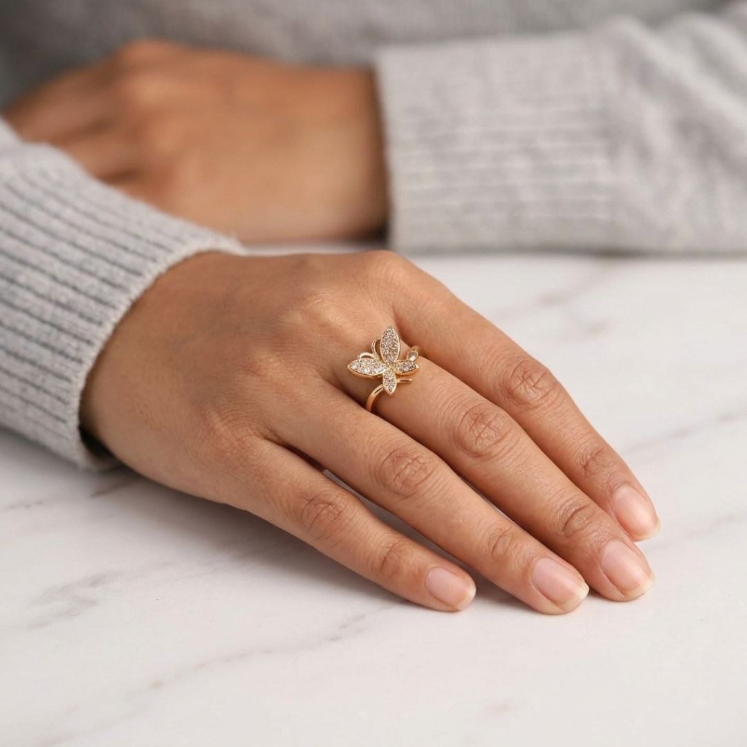 Adjustable Butterfly Ring for Women | Gold Plated Ring with Sparkling CZ Stones | Anti Tarnish Fashion Ring
