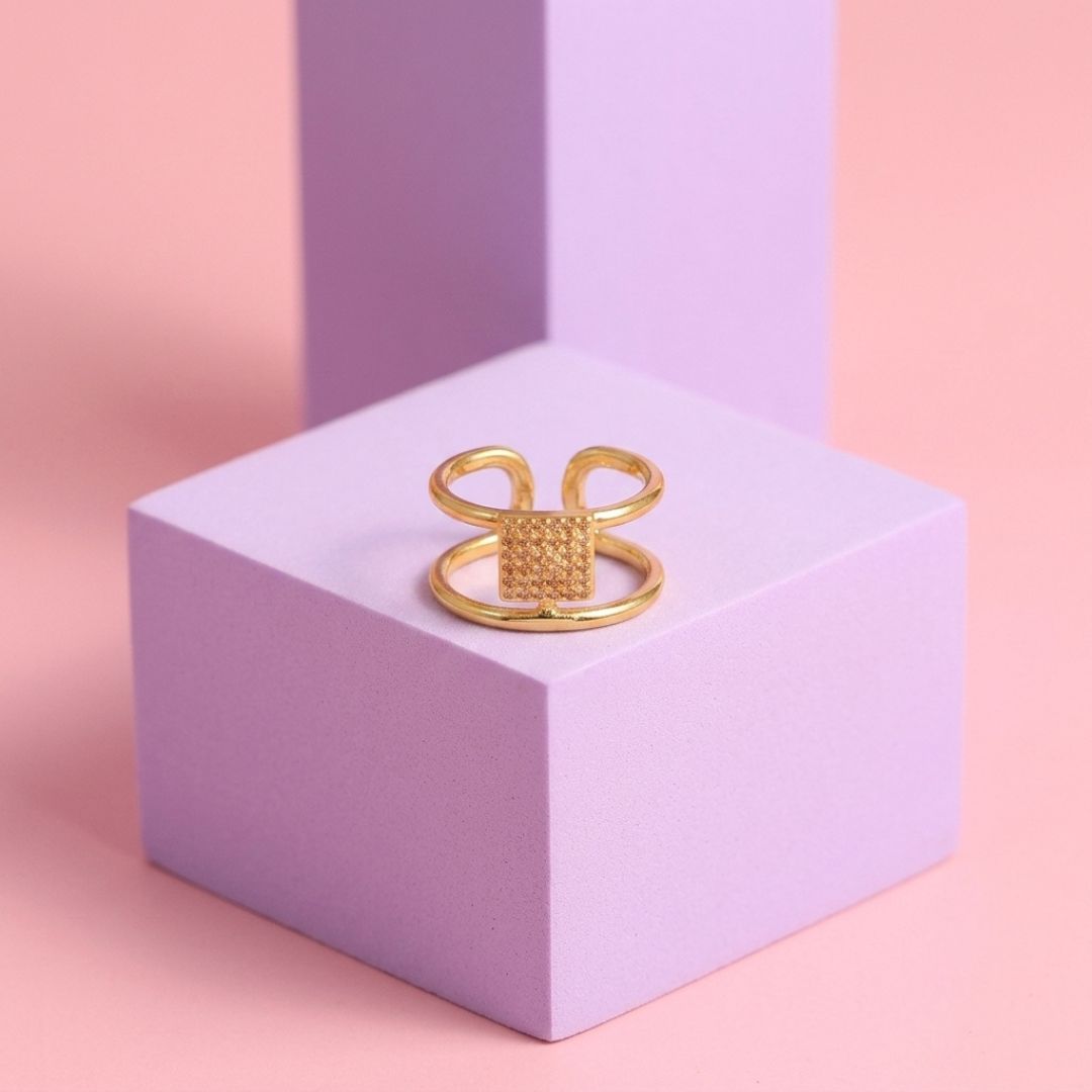 Adjustable Square Motif Double Band Ring for Women | Gold Plated CZ Ring | Geometric Open Ring