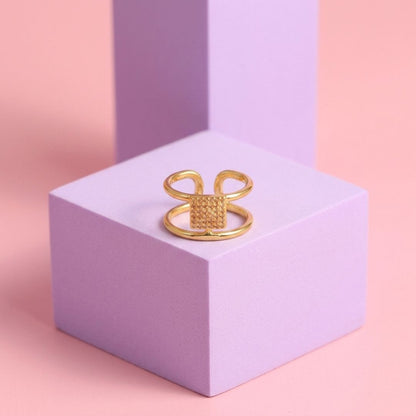 Adjustable Square Motif Double Band Ring for Women | Gold Plated CZ Ring | Geometric Open Ring