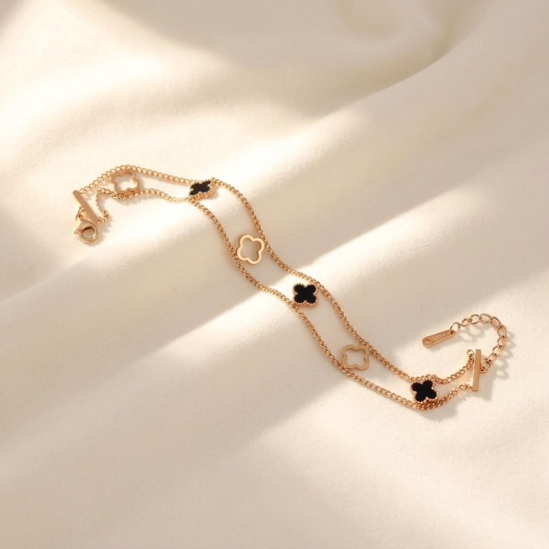 Clover Chain Bracelet for Women | Gold-Tone Double Layer Charm Bracelet