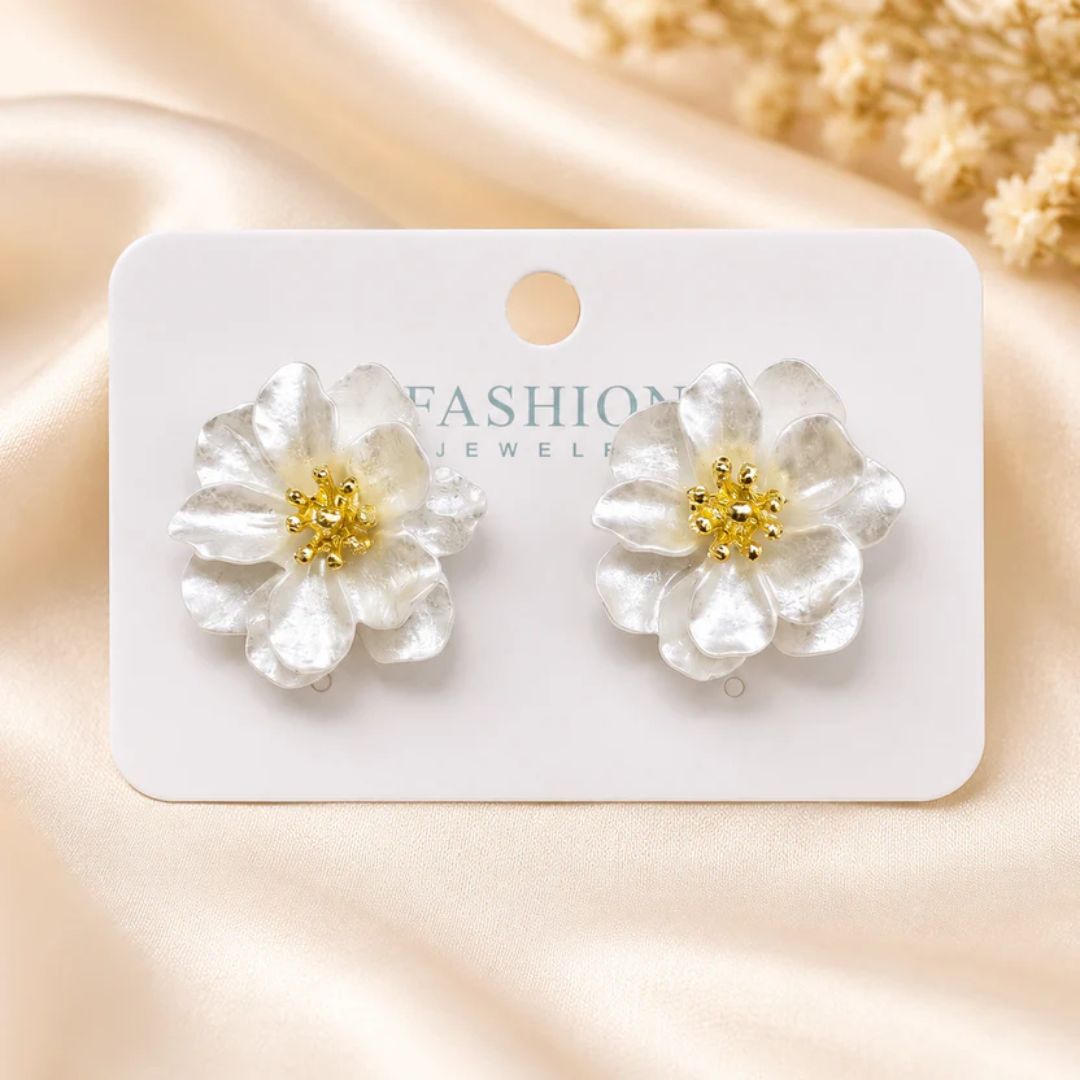 Pearl Flower Stud Earrings | Gold-Center Floral Earrings