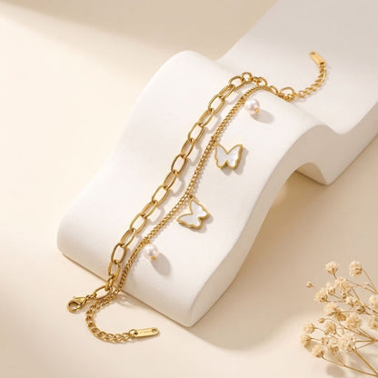 Pearl Butterfly Chain Bracelet for Women | Gold-Tone Layered Charm Bracelet
