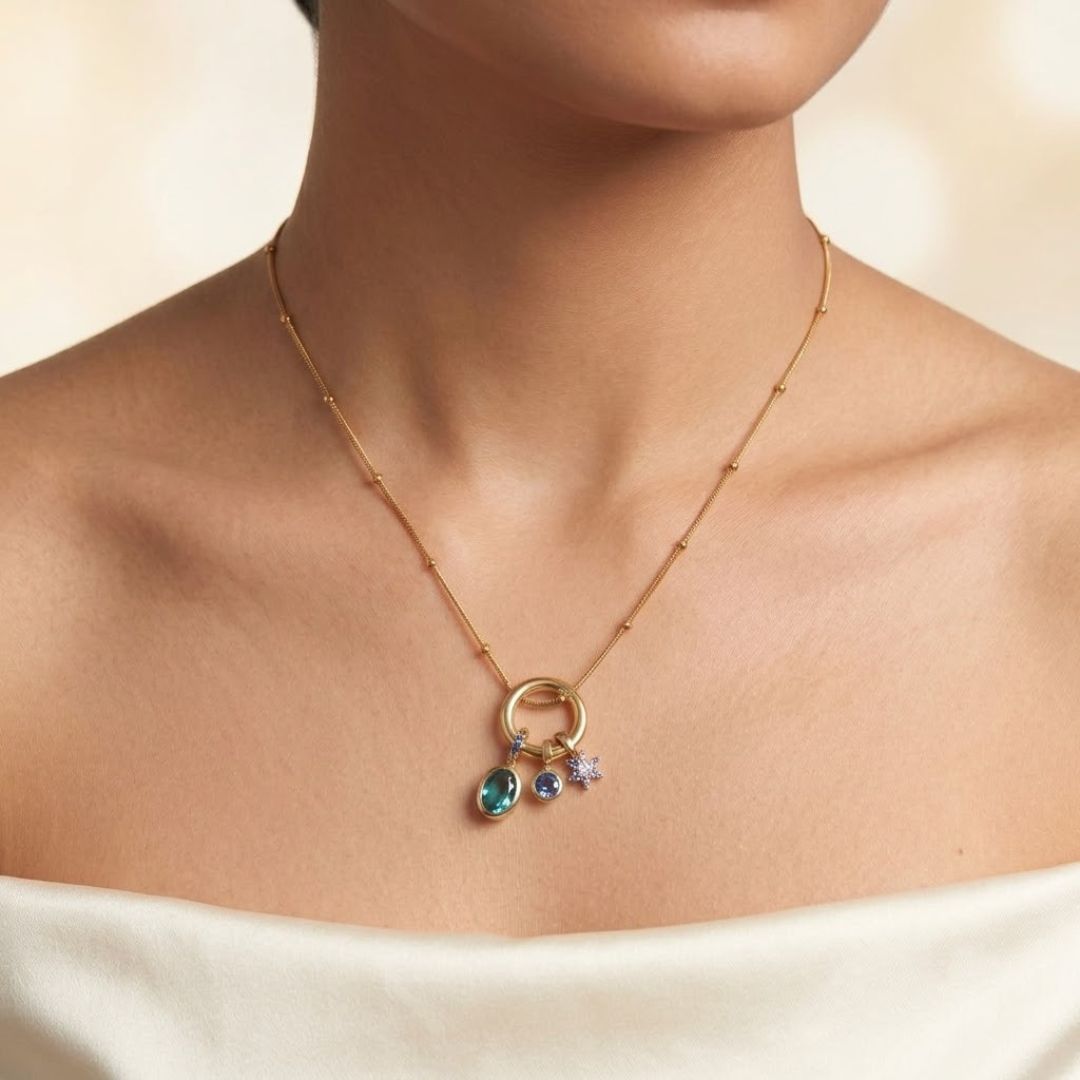 Colorful Charm Pendant Necklace for Women | Gold Tone Circle Necklace with Crystal Charms