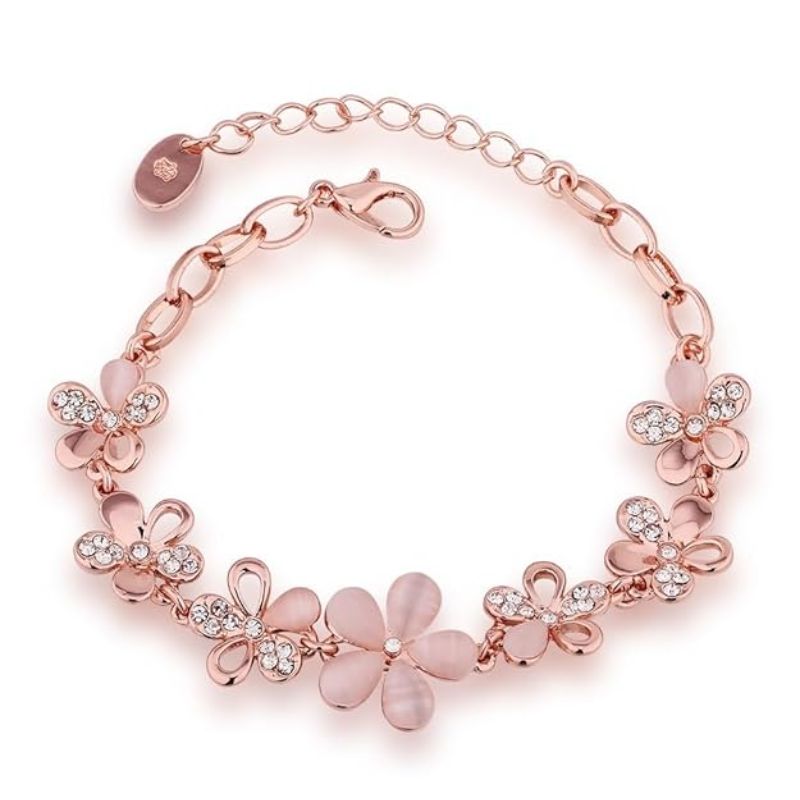 Dainty Rose Gold Pink Cat's Eye Floral Station Bracelet