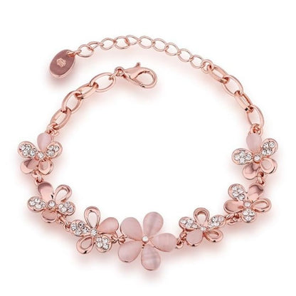 Dainty Rose Gold Pink Cat's Eye Floral Station Bracelet