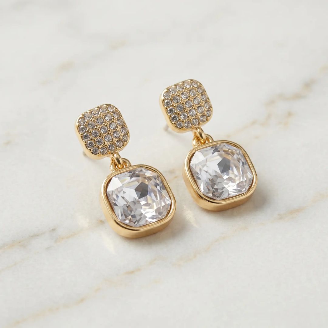 Gold Cushion-Cut Crystal Drop Earrings for Women | Sparkling Statement Earrings