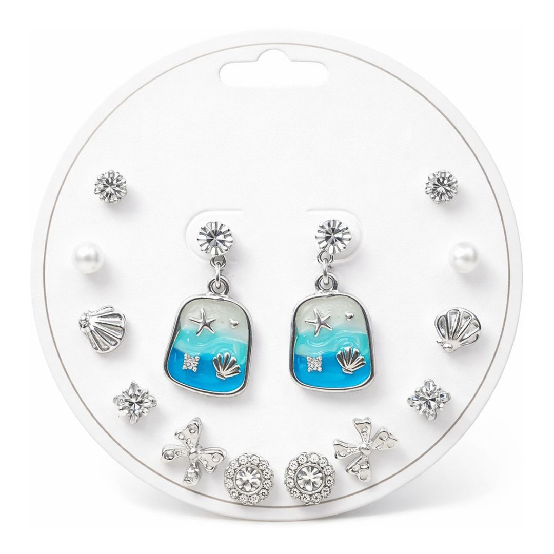 7 Pair Ocean-Inspired Earrings Set | Pearl, Crystal & Beach-Themed Stud Earrings