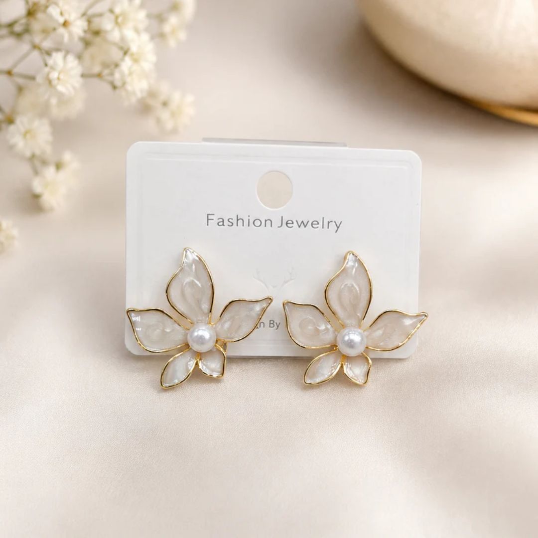 Pearl Blossom Enamel Floral Stud Earrings for Women | Elegant Gold-Tone Flower Earrings