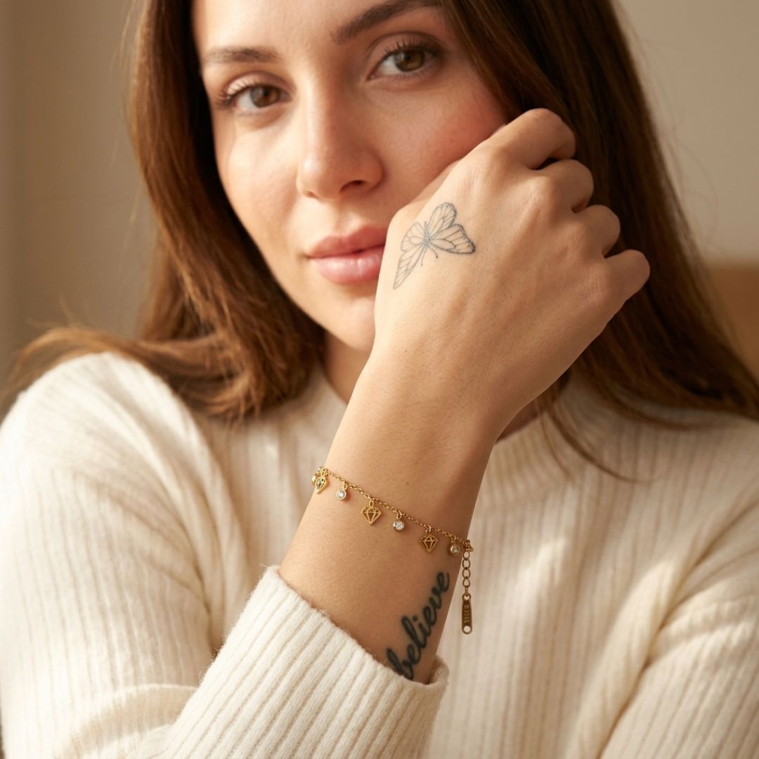 Diamond Charm Chain Bracelet for Women | Gold-Tone Crystal Link Bracelet | PRIONORI