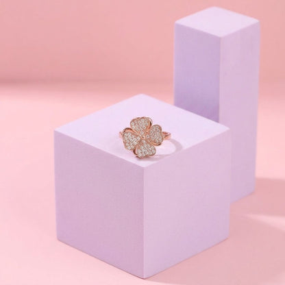 Adjustable Four Leaf Clover Ring for Women | Rose Gold Plated Ring with Sparkling CZ Stones