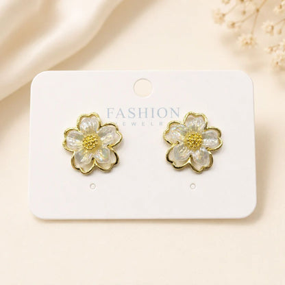 White Floral Pearl Enamel Stud Earrings for Women | Gold-Tone Flower Earrings
