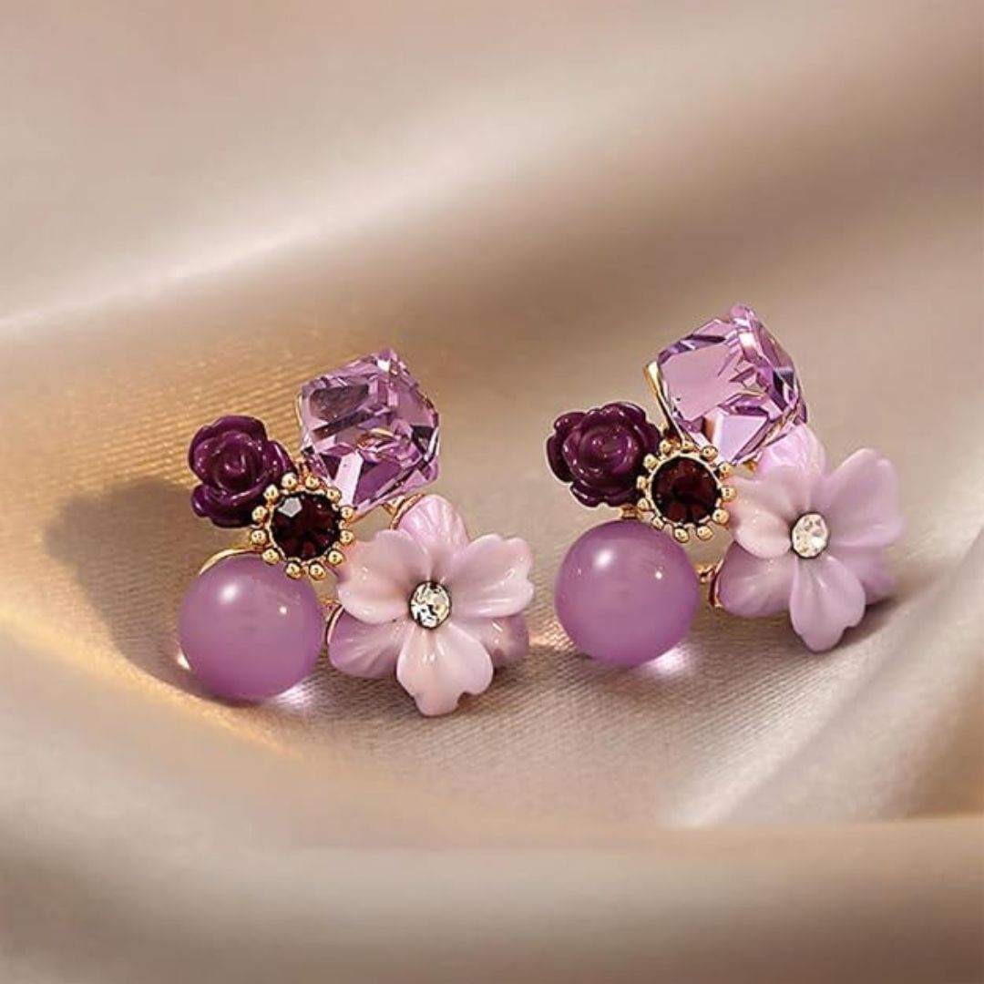 Purple Floral Crystal Stud Earrings | Geometric Rhinestone Flower Earrings