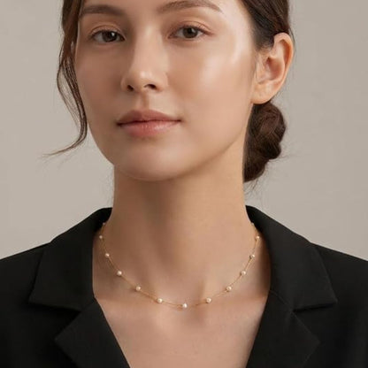 Pearl Station Necklace for Women | Gold Plated Chain with White Pearl Beads